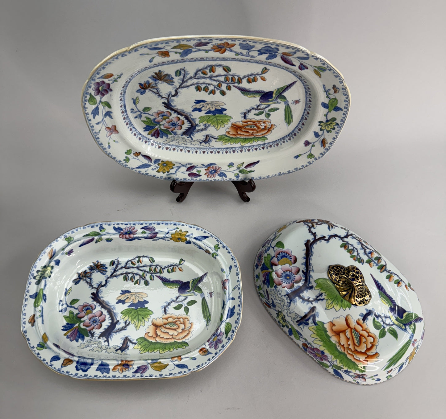 Davenport Stone China Flying Bird Pattern Covered Entree c1810