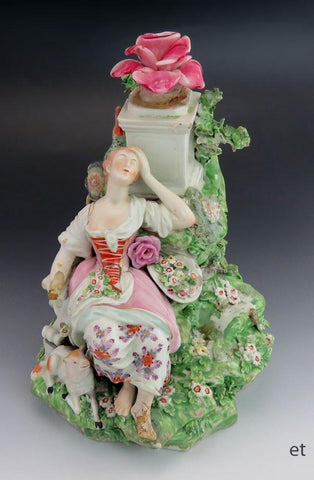 Antique c1760 Rococo English Derby Porcelain Woman & Lamb Figurine/Statue