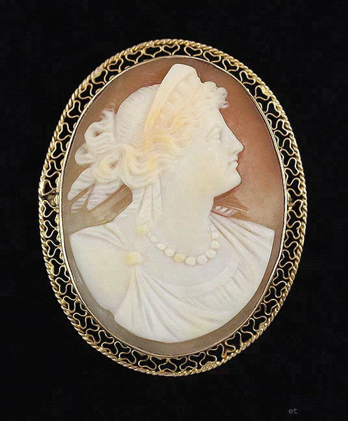 Vintage 10k Gold Carved Shell Cameo Filigree Pin Brooch