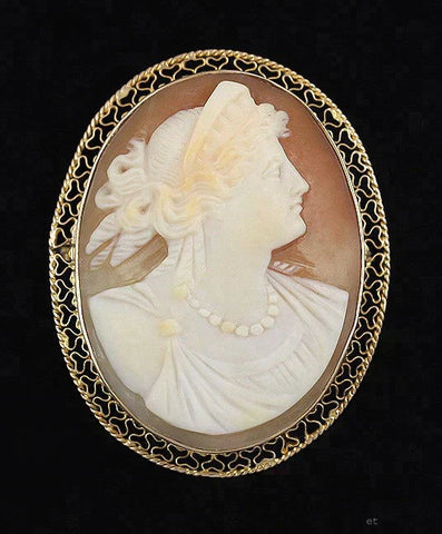 Vintage 10k Gold Carved Shell Cameo Filigree Pin Brooch