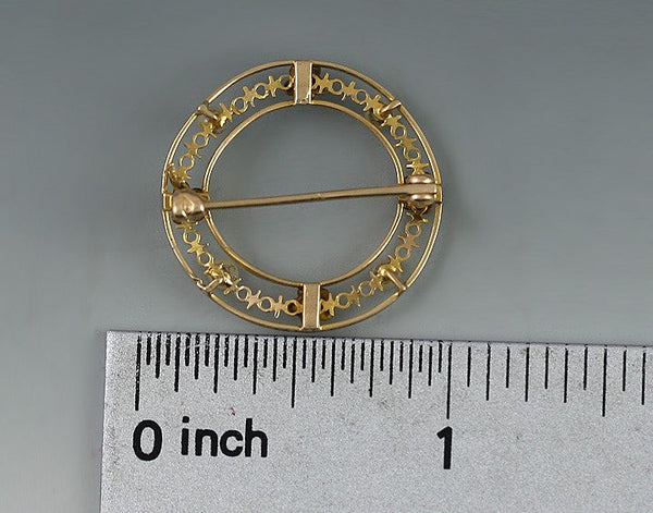 c1900 Antique American 10k 2-Tone Gold Pearl Floral Filigree Circle Pin Brooch