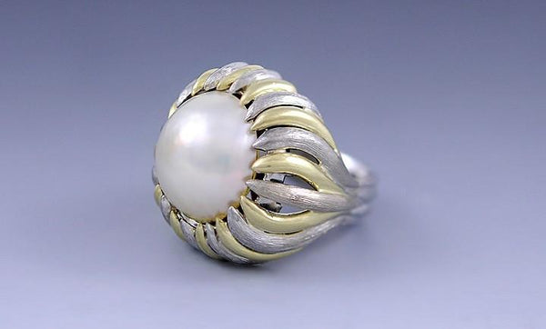 Unique Platinum & 18k Yellow Gold Mabe Pearl Ring Heavy Weight