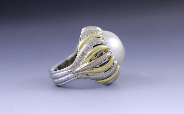 Unique Platinum & 18k Yellow Gold Mabe Pearl Ring Heavy Weight