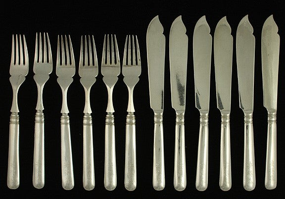 12pc Antique c1900 Chinese Export Silver Fish Set Forks Knives