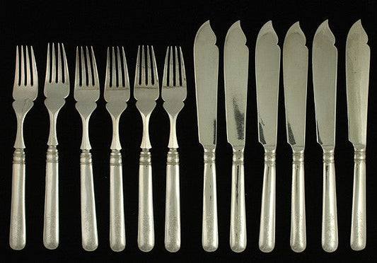 12pc Antique c1900 Chinese Export Silver Fish Set Forks Knives