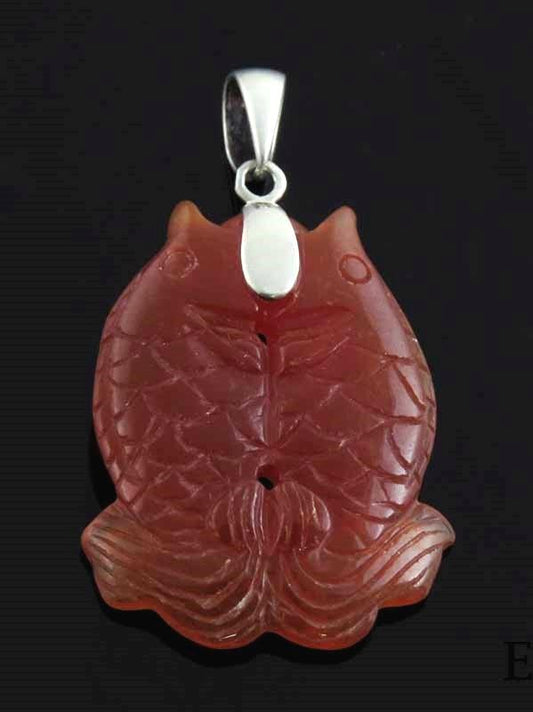 Wonderful Chinese Red Jadeite & Sterling Silver Double Fish Pisces Pendant