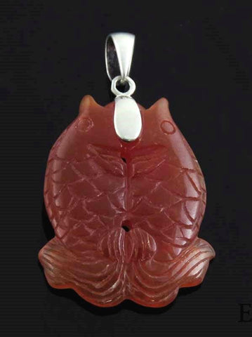 Wonderful Chinese Red Jadeite & Sterling Silver Double Fish Pisces Pendant