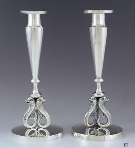 Rare 1796-1835 German .800 Silver Dolphin Fish Figural Candlesticks Johann Seeth