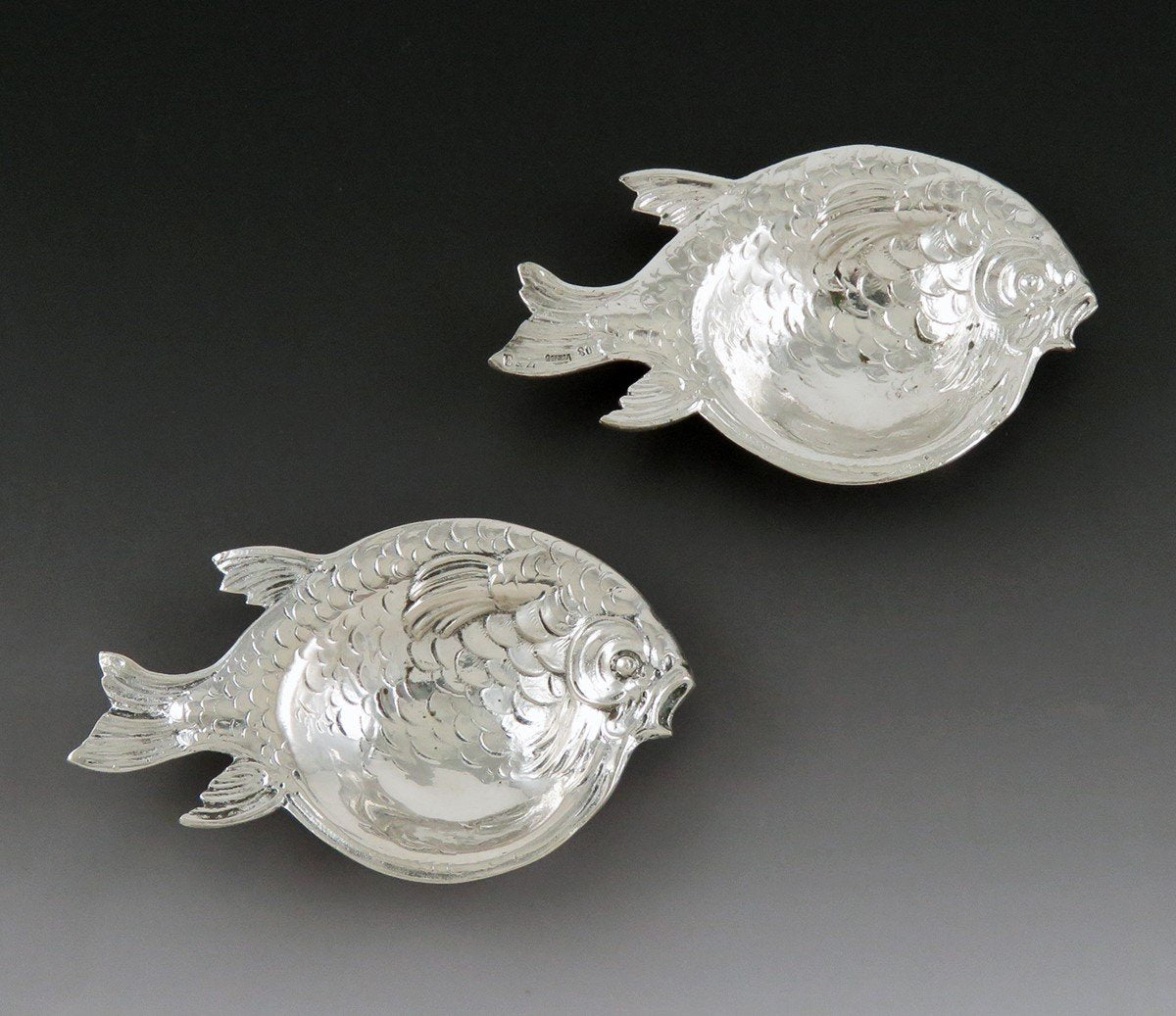 Charming Pair VTG German 800 Silver Fish Shaped Ring Catcher Trinket Dishes