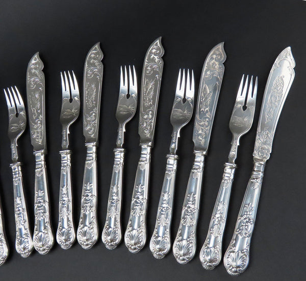 1875 English Victorian Sterling Silver 24pc Fish Set Hand Engraved Fish Design