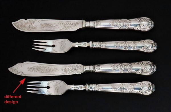 1875 English Victorian Sterling Silver 24pc Fish Set Hand Engraved Fish Design