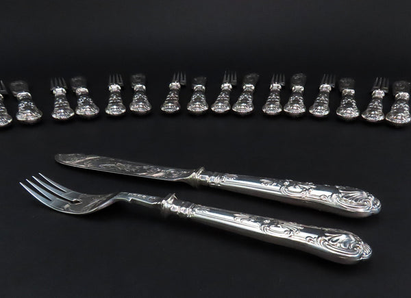 1875 English Victorian Sterling Silver 24pc Fish Set Hand Engraved Fish Design