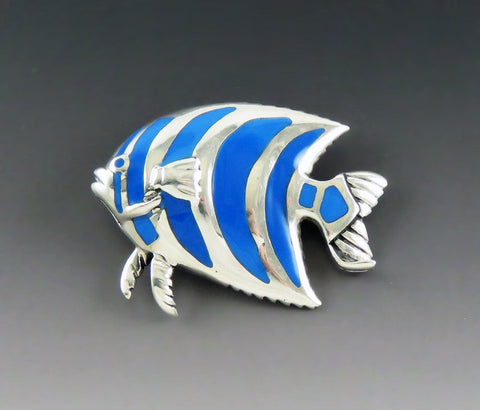 Charming Sterling Silver Vivid Blue Striped Angelfish Tropical Fish Brooch