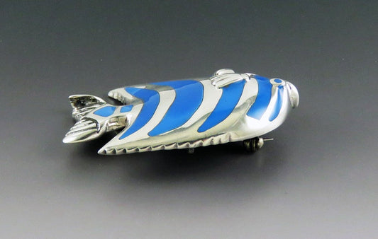 Charming Sterling Silver Vivid Blue Striped Angelfish Tropical Fish Brooch