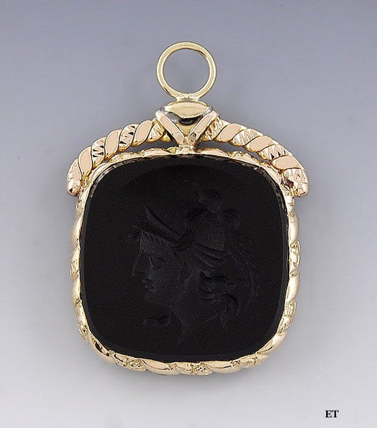 American Victorian 10k Gold Carved Carnelian Fob Greco-Roman Mars Ares Intaglio