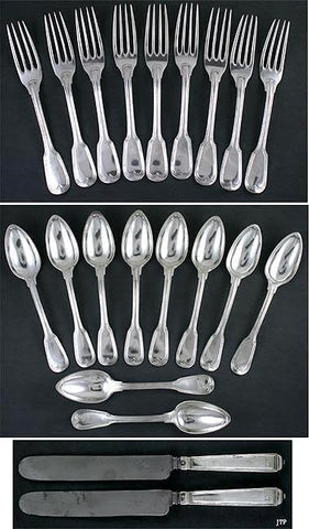 21pc Antique c1820 Italian Silver Fiddle Thread Fork Spoon Knife Flatware Set