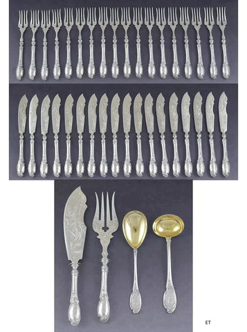 c1900 Fab German Bruckmann Sons Silver 40pc Fish Set w Serving Pieces E Mono