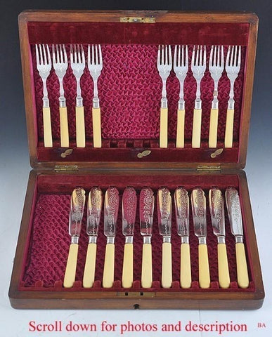 Engraved 1906 English Boxed Silver/Celluloid Fish Set for 9