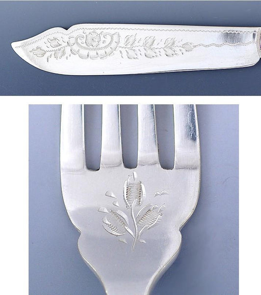 Engraved 1906 English Boxed Silver/Celluloid Fish Set for 9