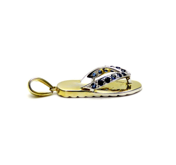 Cute Fun 18k Yellow and White Gold Sapphire Flip Flop Sandal Thong Charm Pendant