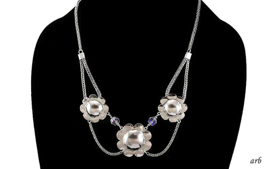 One-of-a-kind Vintage Sterling Silver Necklace Flowers Beads Foxtail Chain
