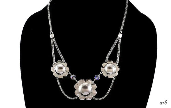 One-of-a-kind Vintage Sterling Silver Necklace Flowers Beads Foxtail Chain