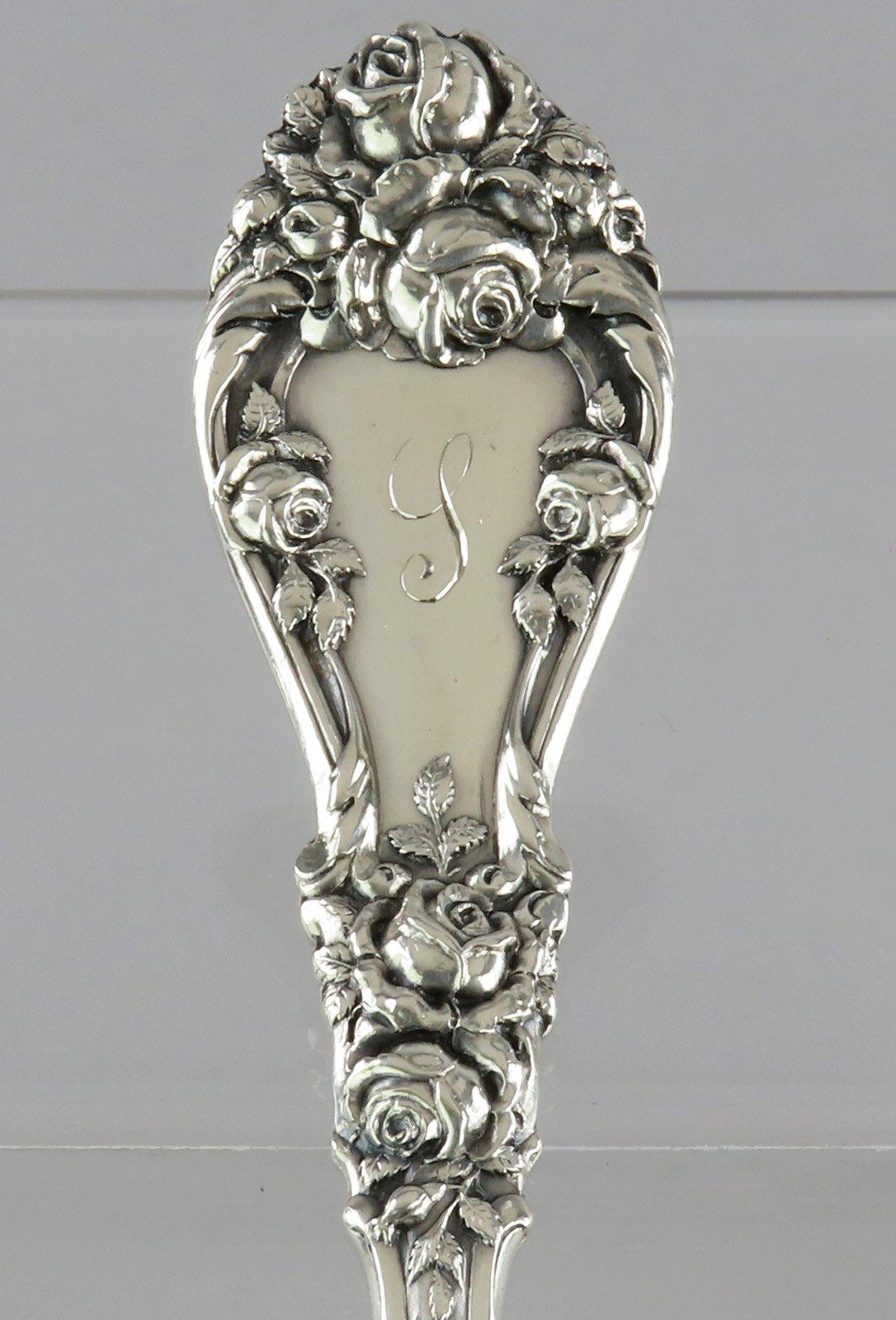 Gorgeous Durgin Marechal Niel Sterling Silver Serving Fork Roses S Mono 9 1/4"