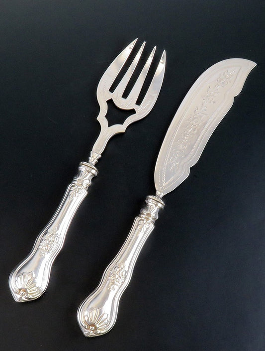 Handsome American Silverplate c1850s Hand Engraved Fish Serving Set Knife Fork