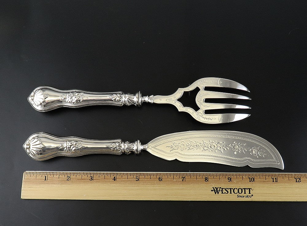 Handsome American Silverplate c1850s Hand Engraved Fish Serving Set Knife Fork