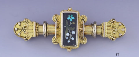 Antique 1800s Beautiful 10k Gold Pietra Dura Renaissance Revival Pin Brooch