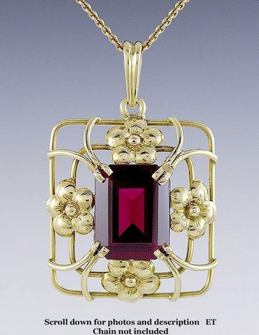 Stunning 18K Yellow Gold Lab-Created Ruby Flower Pendant