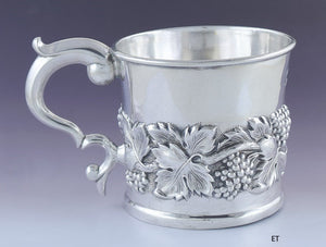 Antique 1824-1827 Early Kirk .917 Silver Grape Cluster Vine Repousse Mug Cup