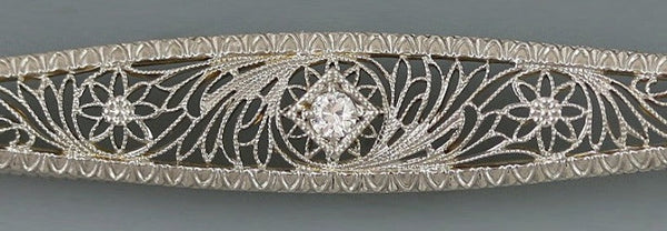 Antique 14k Yellow Gold Filigree Diamond Bar Pin c1910 Brooch