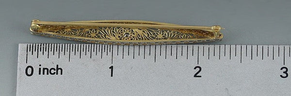 Antique 14k Yellow Gold Filigree Diamond Bar Pin c1910 Brooch