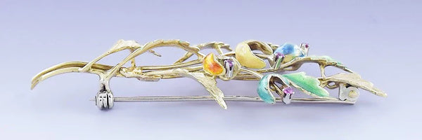 Beautiful 18k Gold Ruby & Enamel Floral Tulip Pin / Brooch