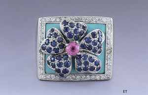 Stunning 18k White Gold Turquoise Blue & Pink Sapphire Diamond Flower Ring