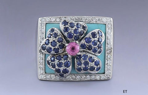 Stunning 18k White Gold Turquoise Blue & Pink Sapphire Diamond Flower Ring