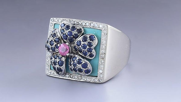 Stunning 18k White Gold Turquoise Blue & Pink Sapphire Diamond Flower Ring