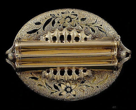 High Victorian 14k Yellow Gold Black Enamel Floral Pin Brooch