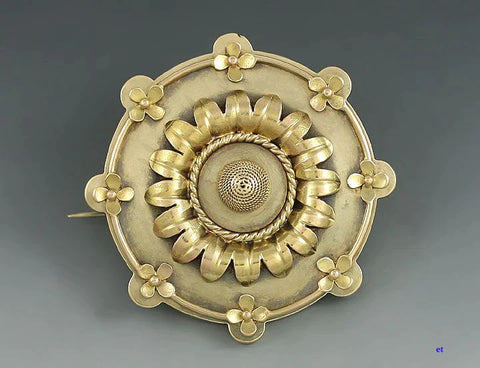 1885 Intricate Victorian Aesthetic Movement 14k Gold Flower Brooch Pin