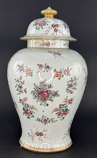 Impressive Early 1900s French Samson Pink White Lidded Urn Vase Large Size