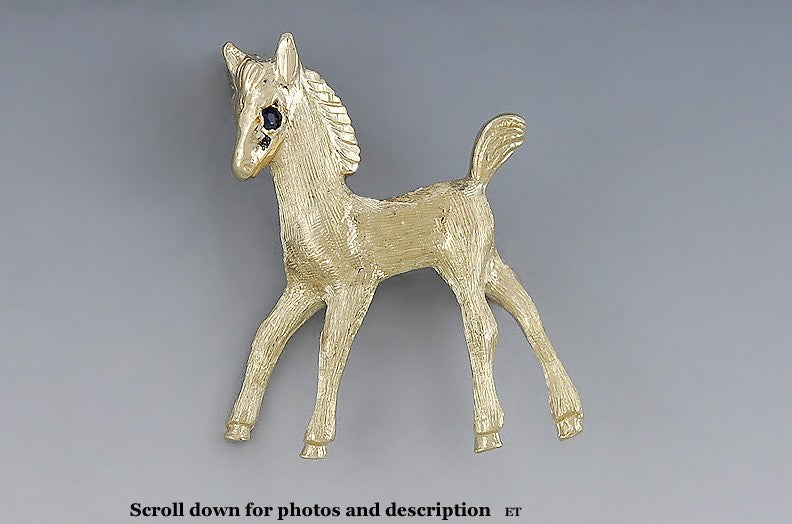 14k Yellow Gold Sapphire Horse Colt Filly Foal Brooch Pin