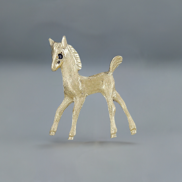 14k Yellow Gold Sapphire Horse Colt Filly Foal Brooch Pin