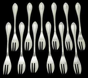 12 antique French silver plated fish or dessert forks by Cailar Bayard of Paris with no monograms.