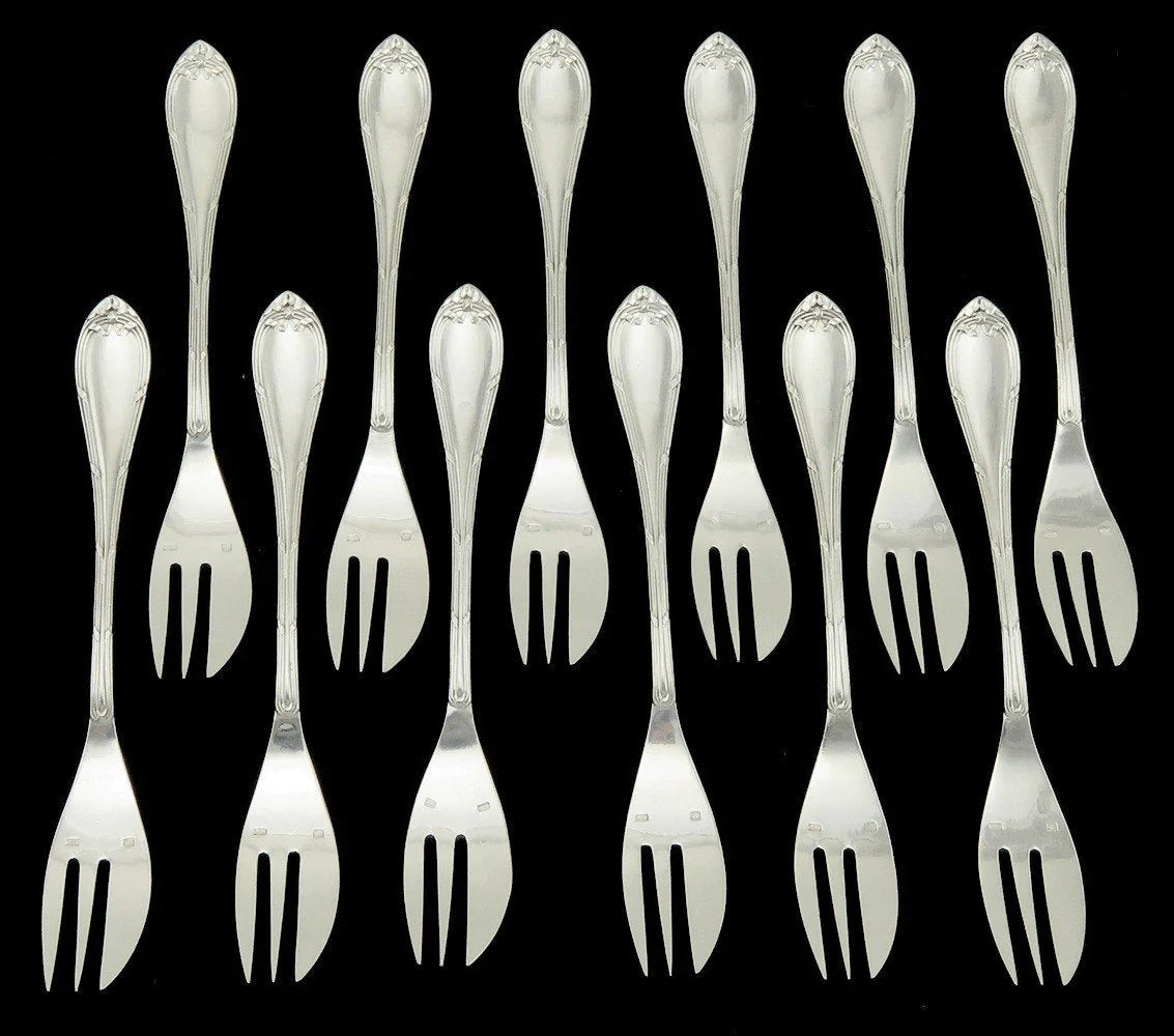 12 Antique French Silver Plated Cailar Bayard Paris Fish/Dessert Forks NO MONOs