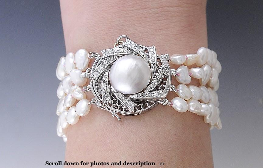 Fine 14K White Gold and Pearl Bracelet w/ Diamonds