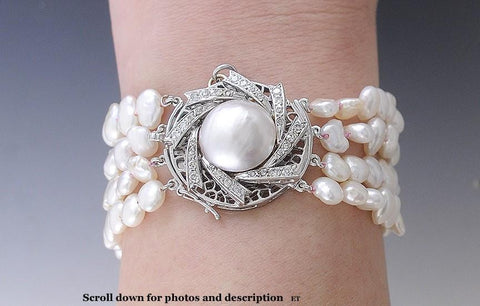 Fine 14K White Gold and Pearl Bracelet w/ Diamonds
