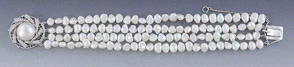 Fine 14K White Gold and Pearl Bracelet w/ Diamonds