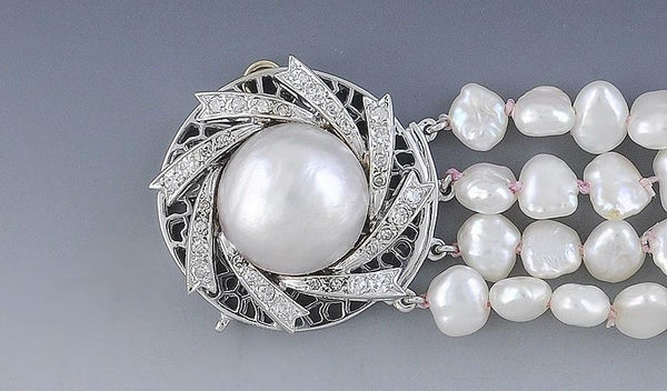Fine 14K White Gold and Pearl Bracelet w/ Diamonds