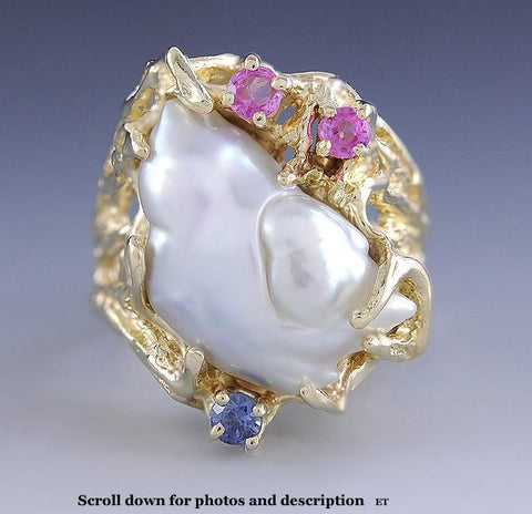 Baroque Pearl 14k Yellow Gold Cocktail Ring w/ Blue & Pink Sapphires Size 9.5